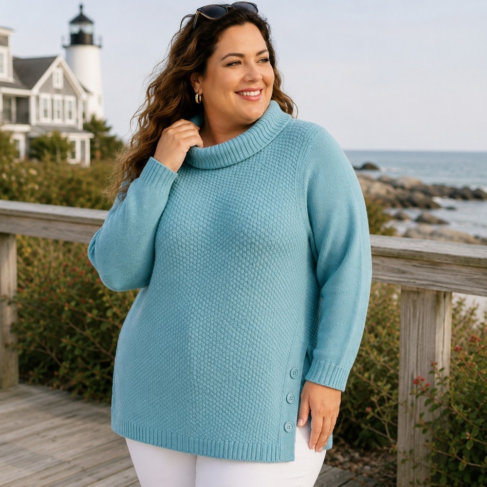 Talbots Textured Knit Tunic Sweater Plus‎ Size 2X Petite Aqua Side Buttons Cozy